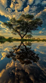 Photorealistic mirrored tree landscape with reflective symmetry.