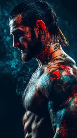 Cinematic side-lit tattooed athlete in smoky chromatic contrast.