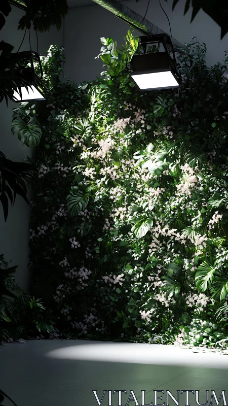 Indoor botanical wall under dramatic studio lights.