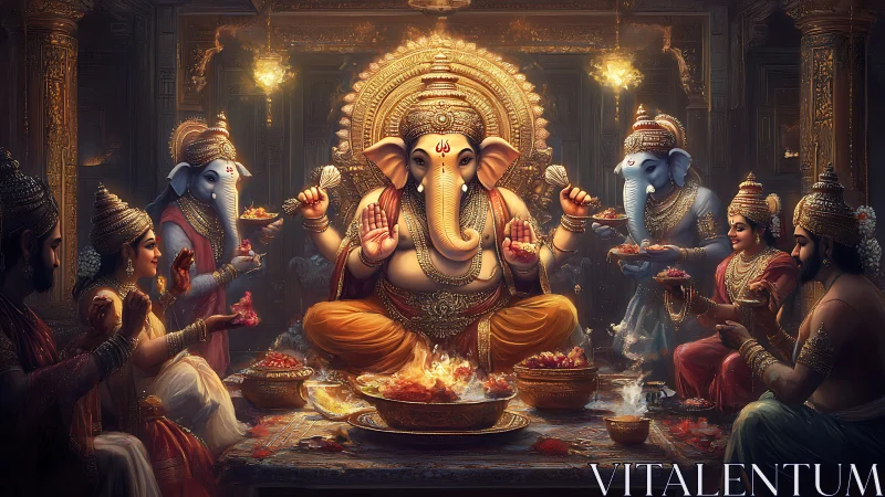 Divine elephant god banquet in ornate golden temple hall.