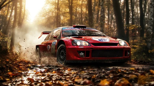 Scarlet rally beast slashes through autumn forest light