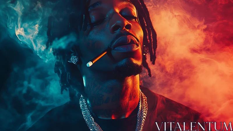 Portrait of man smoking in blue and red colored smoke.