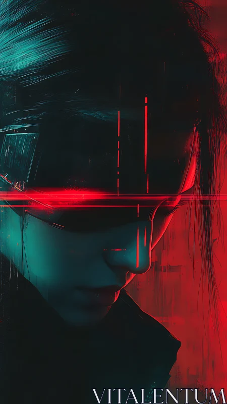 Cyberpunk portrait with neon visor and asymmetrical chiaroscuro.