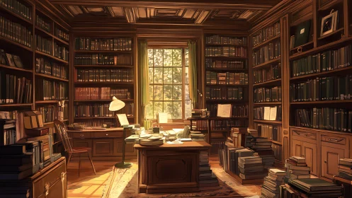 Sunlit book-lined study inviting quiet, thoughtful escape.