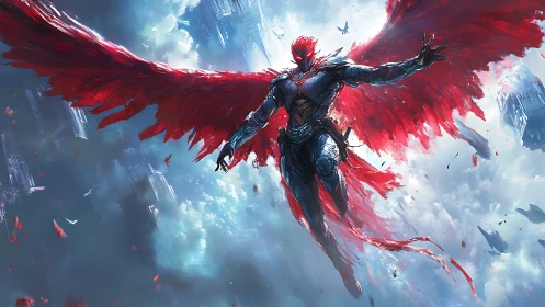 Armored red-winged angel descends through a shattered sky.