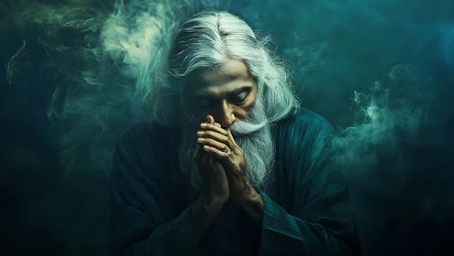 Elderly man with white hair in quiet, contemplative pose.