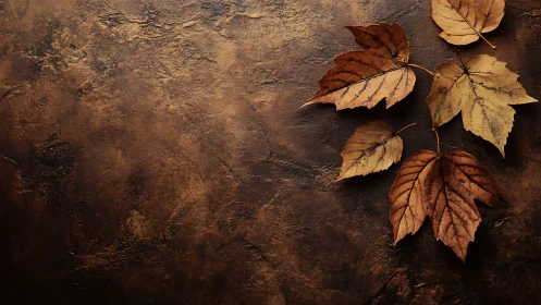 Dried autumn leaves arranged on textured brown plaster background