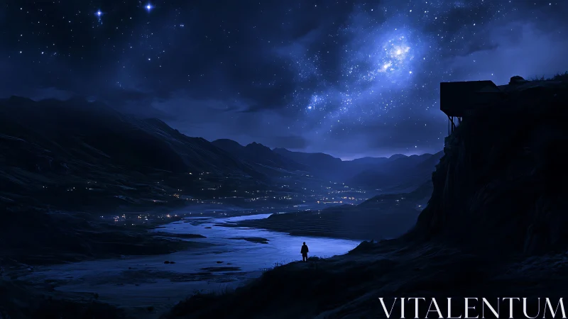 Starry night valley with lone figure by glowing river.