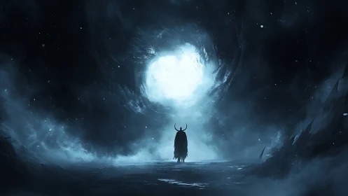 Horned silhouette in icy cavern before bright circular light.