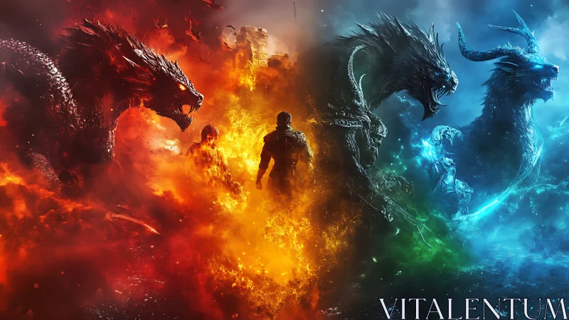 Hero between fire and ice dragons in an epic standoff.