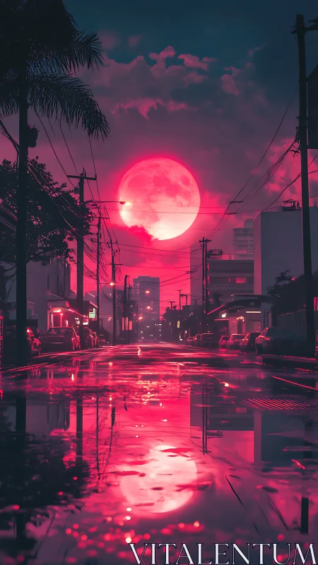 Neon moon drifts low while wet city streets quietly burn