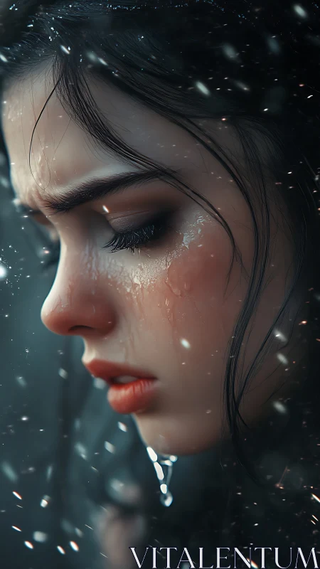 Melancholic young woman rendered in hyperreal rainy closeup