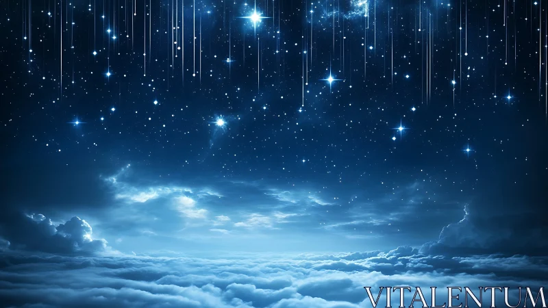 Starlit heavens streaming above moonlit cloud ocean.