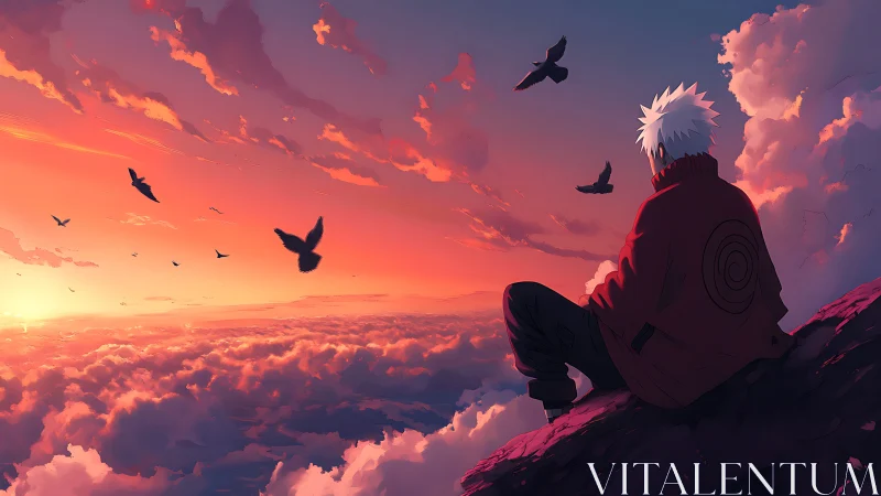 Solitary anime wanderer quietly enjoys a glowing sunset sky