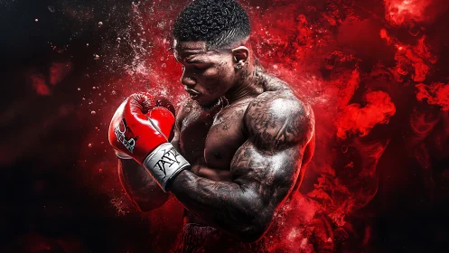 Warrior's Fury: Red Combat Power Explodes in Tattooed Glory.