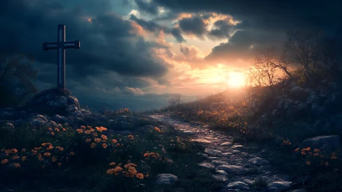 Sunlit hillside cross overlooks a rocky floral pathway at dusk.