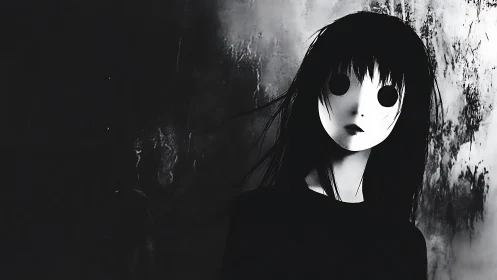 Hollow eyed monochrome girl in eerie dark hallway scene.