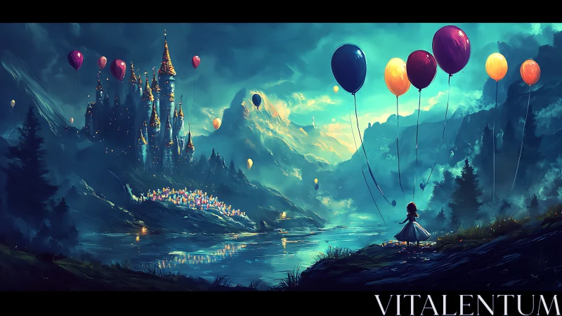 Enchanted riverside castle with luminous balloons at dusk.