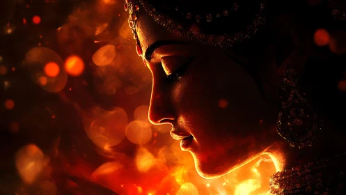 Divine profile portrait in glowing ember bokeh light.
