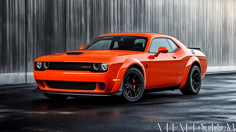 Orange modern muscle car parked on wet asphalt at dusk
