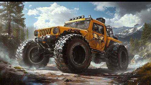 Yellow off-road truck with oversized tires on mountain track.