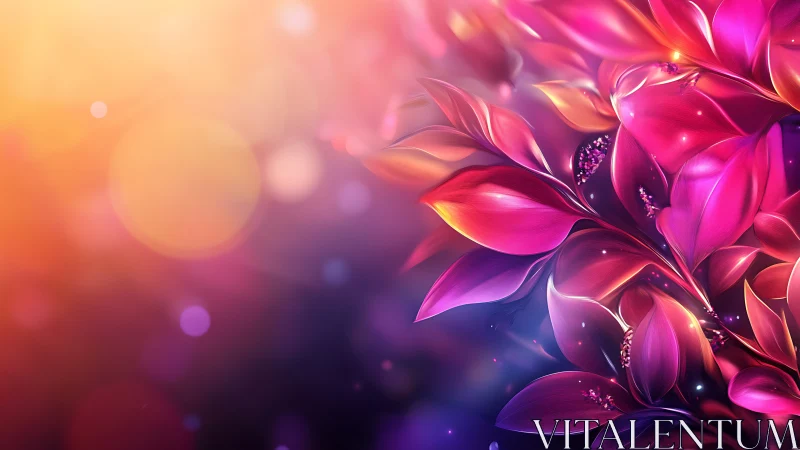 Vibrant neon leaves with glowing bokeh gradient background.