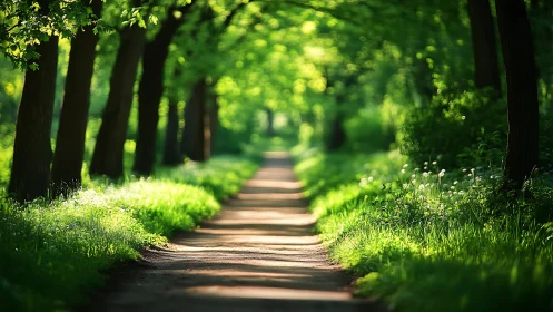 Sunlit Forest Path with Lush Greenery in a Serene Natural Setting.