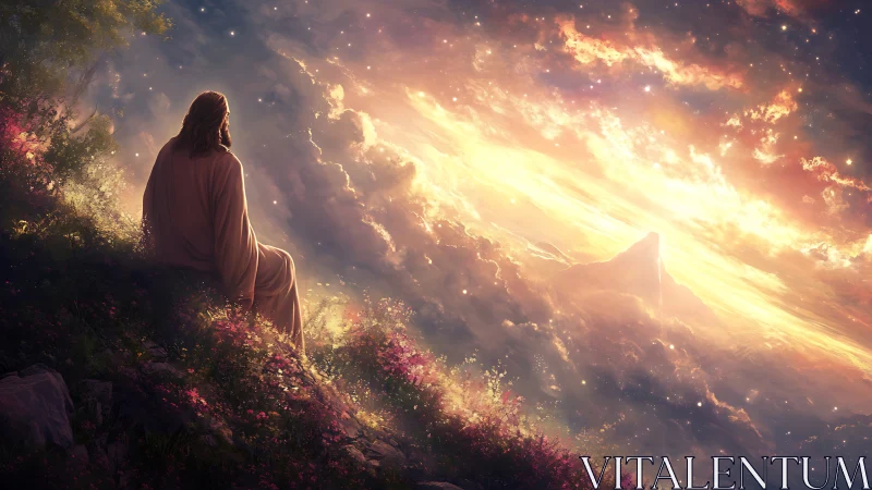 Robe-clad figure on hillside facing luminous clouded sky.