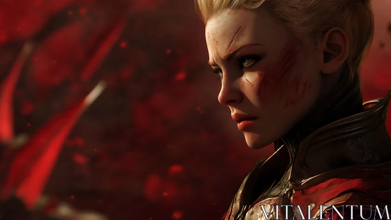 Battle-scarred warrior portrait against crimson storm.