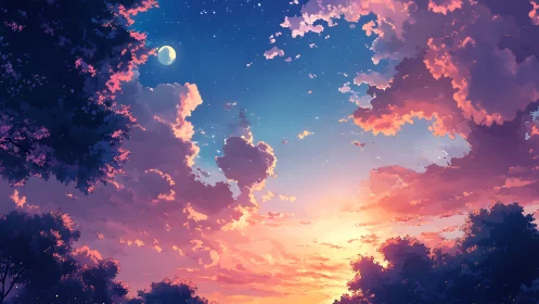 Twilight sky over silhouetted trees with glowing clouds.