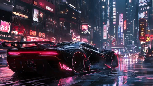 Cyberpunk supercar under neon rain in futuristic city streets.