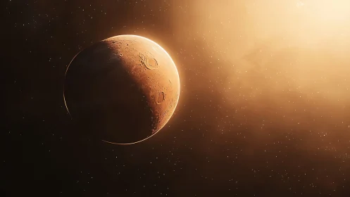 Crescent Mars rendered in warm solar backlight glow.