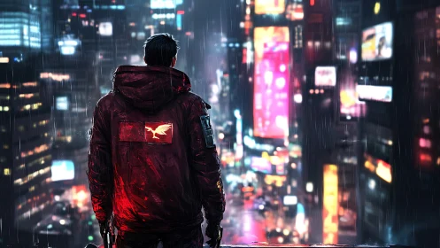 Rain-soaked rooftop watcher over neon city dreams.