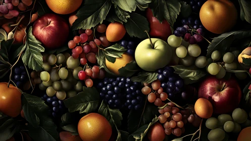 Lush seasonal fruits rest beneath deep green foliage.