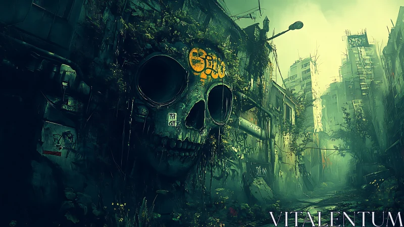 Post apocalyptic alley with overgrown skull facade and smog