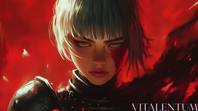 Fierce silver‑haired warrior stares through a storm of red fury