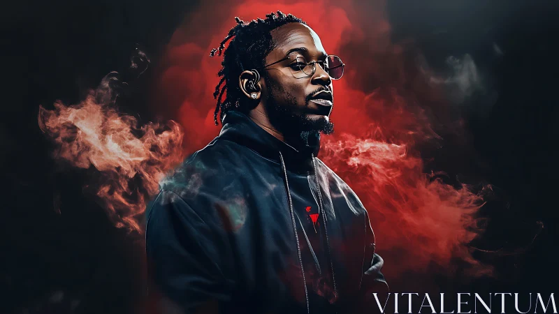 Moody digital portrait with red smoke and dark jacket.