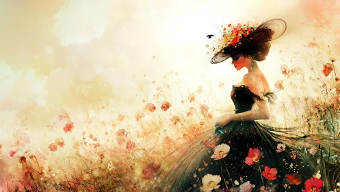 Floral gown silhouette glows within golden abstract field.