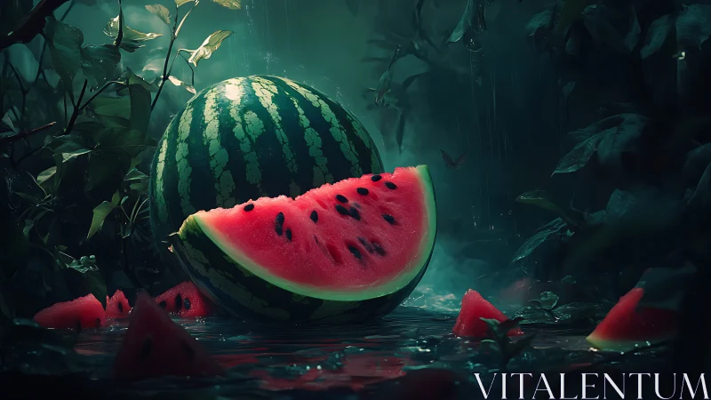 Watermelon slices in a moody forest rain scene.