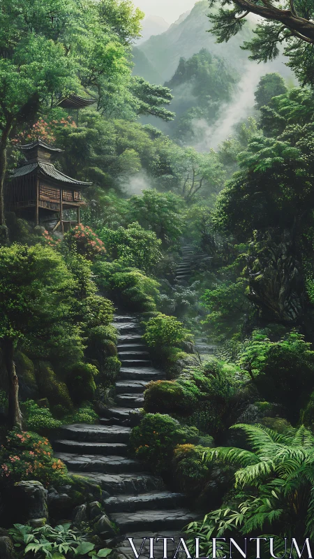 Mountain temple pathway through misty forest with stone steps
