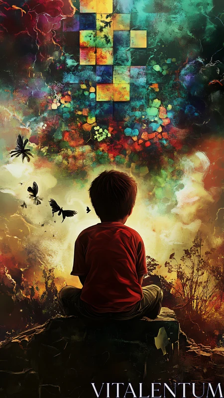 Child observing abstract sky with butterflies and pixels.