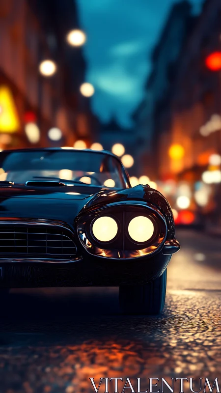 Classic black car glows against a neon-soaked night street