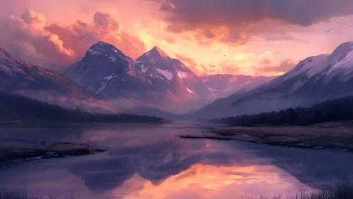 Sunset light floods snowcapped mountains mirrored in lake