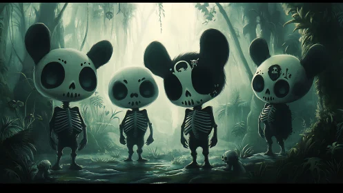 Skeletal chibi panda spirits in misty bioluminescent jungle