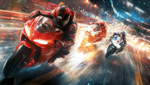 High-speed superbikes race through neon-lit city streets.