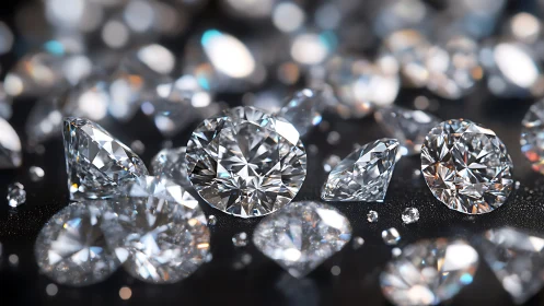 Loose round cut diamonds on dark surface in close focus.