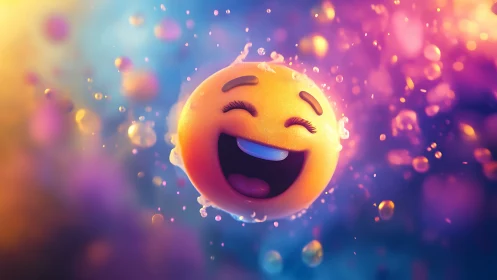 Radiant 3D smiley emoji in luminous bokeh particle field