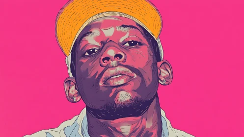 Bold stylized portrait of man in yellow cap on pink