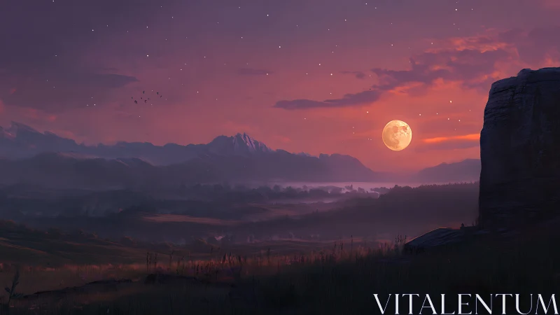 Soft moonrise over violet valleys and quiet distant peaks.