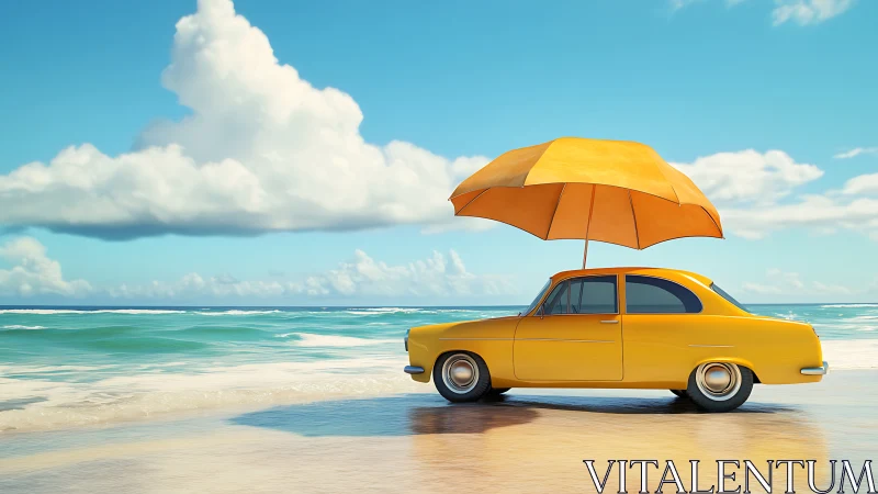 Sunny yellow car relaxes under umbrella beside calm sea.